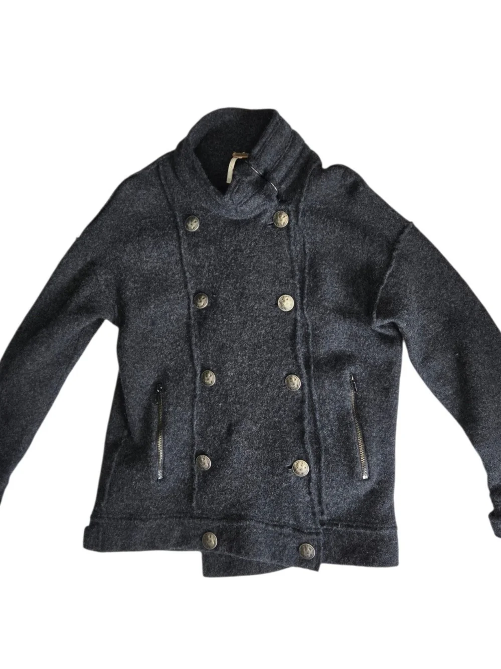 Free People Double-Breasted Charcoal 100% Wool Jacket Military Style Peacoat XS